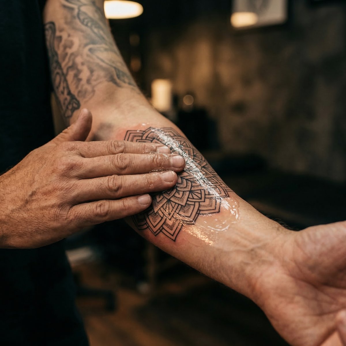 Applying Mad Rabbit Soothing Gel to fresh blackwork tattoo — aftercare routine